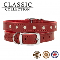 Leather Stud Collar Red 26-31cm Size 2