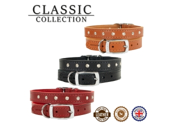 Leather Stud Collar Red 26-31cm Size 2