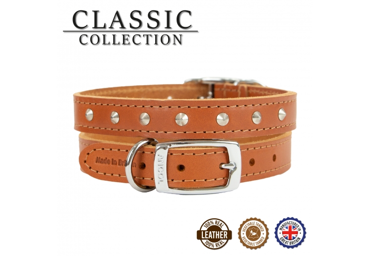 Leather Stud Collar Tan 20-26cm Size 1