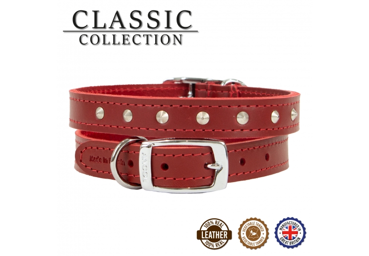 Leather Stud Collar Red 26-31cm Size 2