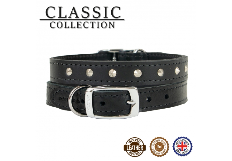 Leather Stud Collar Black 45-54cm Size 6