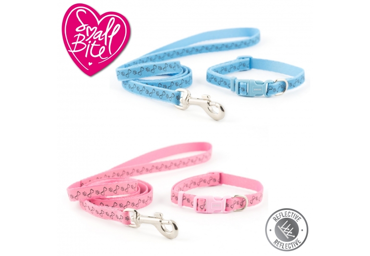 Small Bite Refl Paw&Bone Collar Lead Set Pink