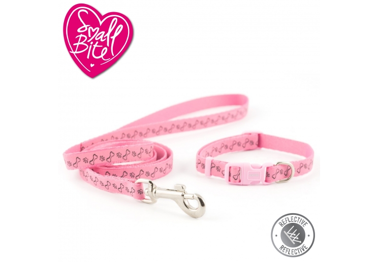 Small Bite Refl Paw&Bone Collar Lead Set Pink